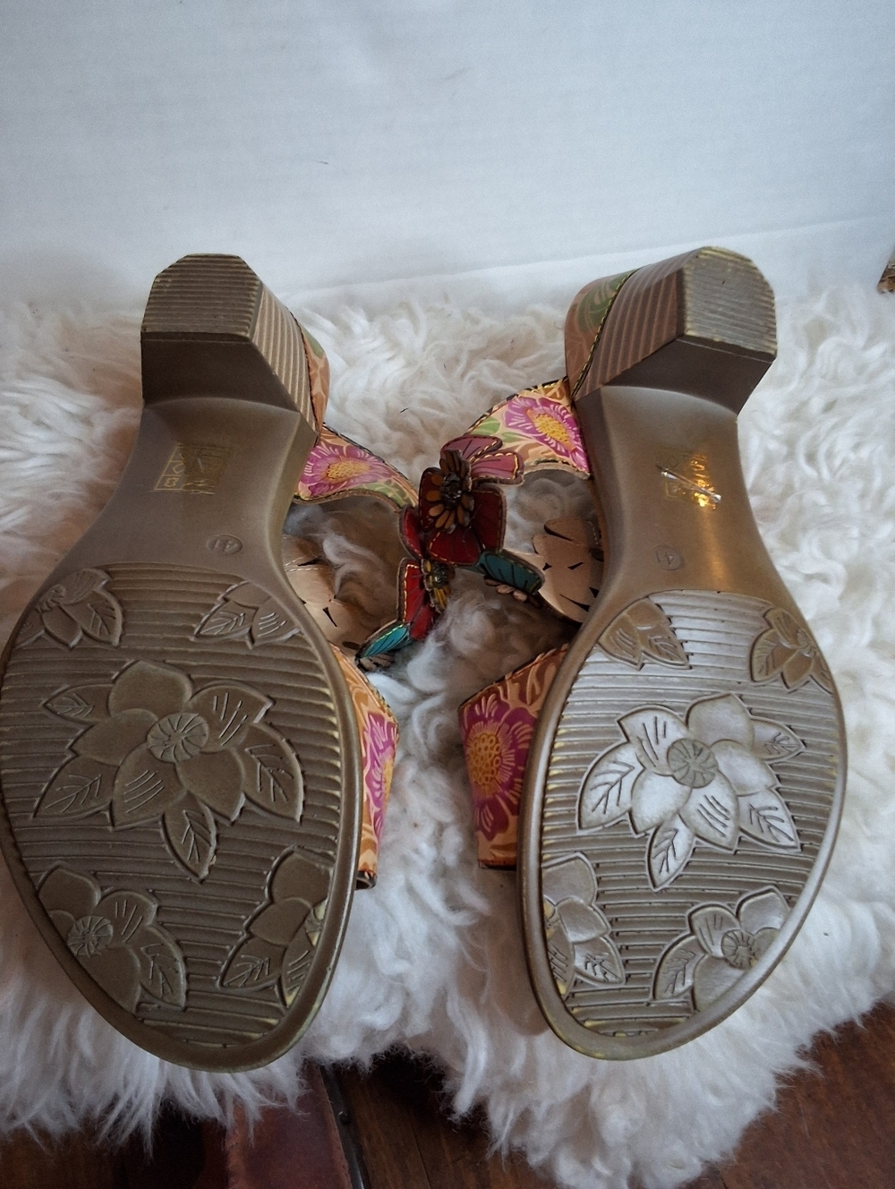L’Artiste Floral Leather Slide Sandals 3D Flower Block Heel Mules 41/9.5-10 NEW - Picture 8 of 10